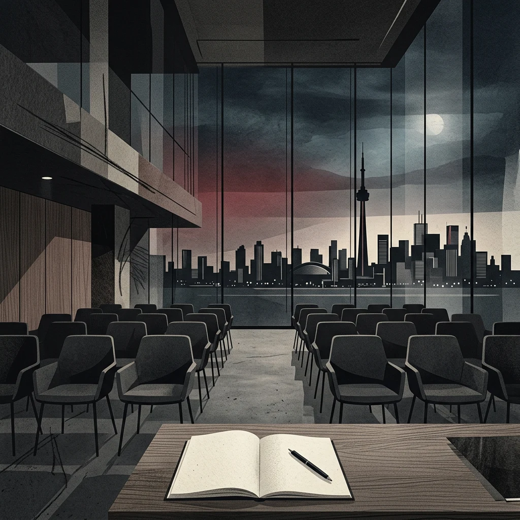 Abstract editorial illustration of a Toronto skyline in charcoal tones with a thin red line