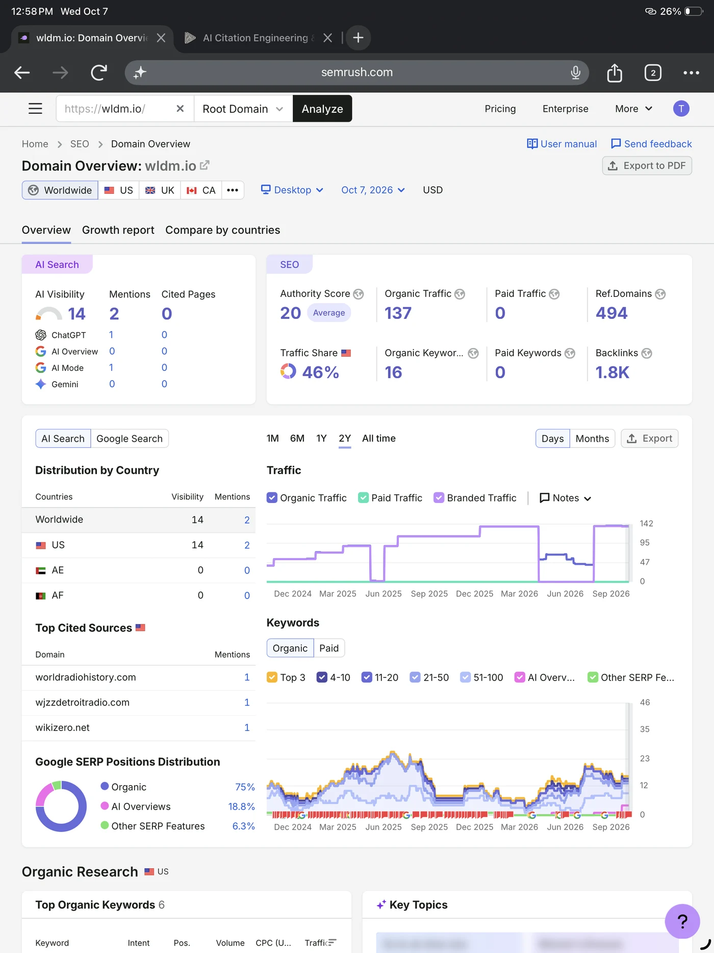 Semrush Domain Overview screenshot for wldm.io, WORLDWIDE database, Desktop