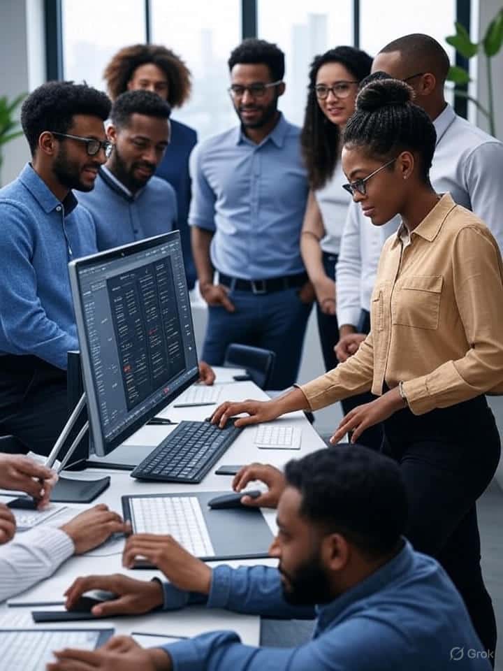 a group of people around a table looking at a computer screen