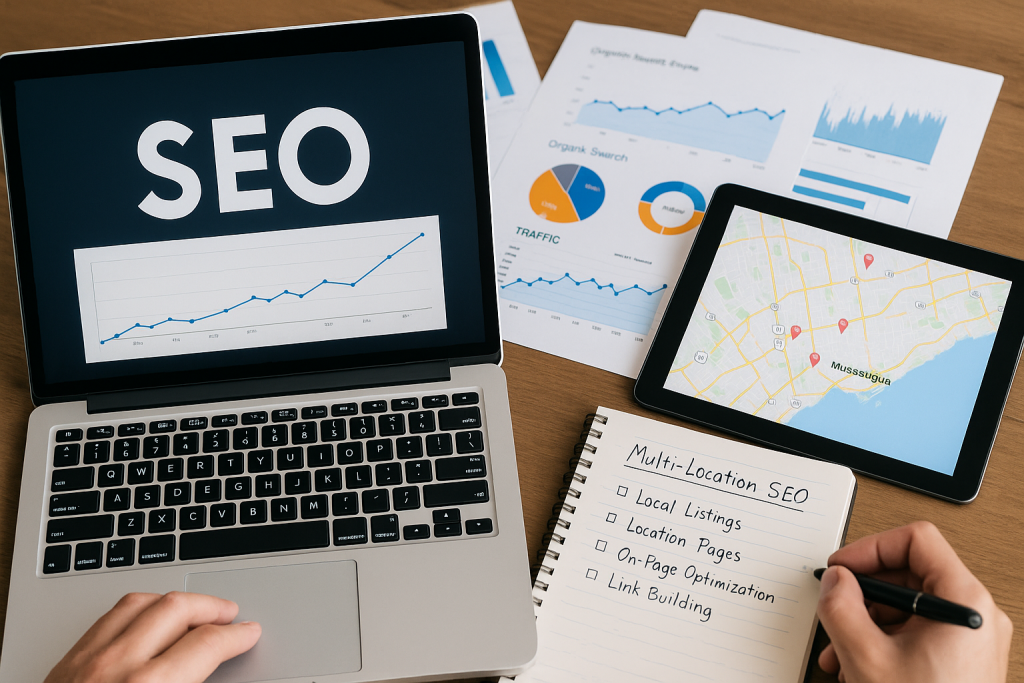 Multi-Location SEO Strategy Workspace for Toronto, Mississauga, and VaughanAlt Text: A high-resolution workspace featuring a laptop with SEO analytics, a tablet showing a